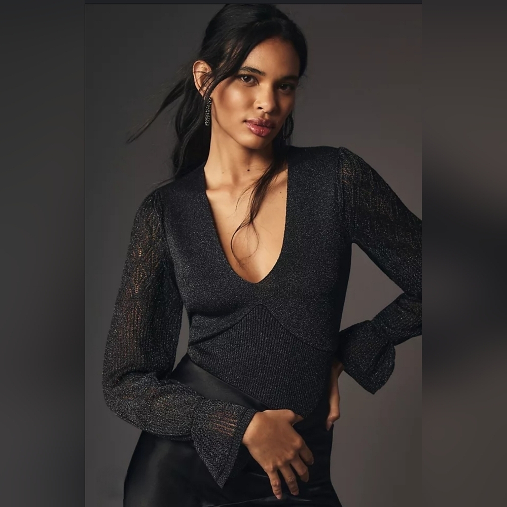 ⭐ HOST PICK⭐ Anthropologie L Metallic V-Neck Twofer Sweater Black Woven Sleeve